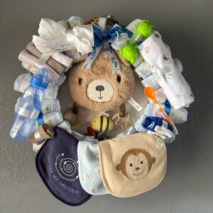 Baby Shower Gift Wreath with Plush Bear and Accessories